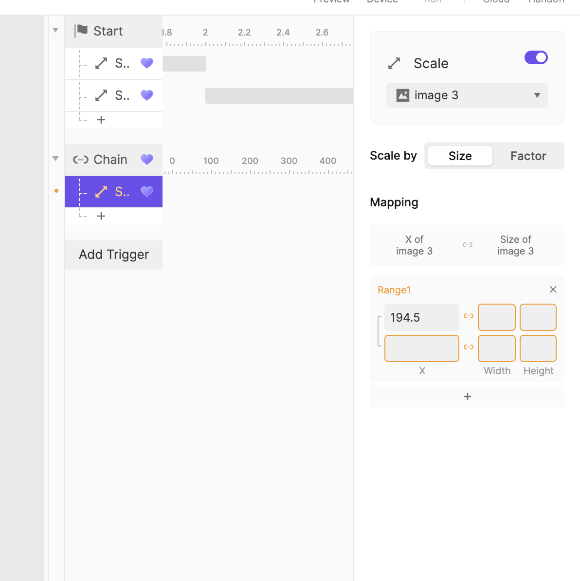 I explored using a chain trigger in ProtoPie. This didn't work and I honestly did not understand the 'mapping' at all.
