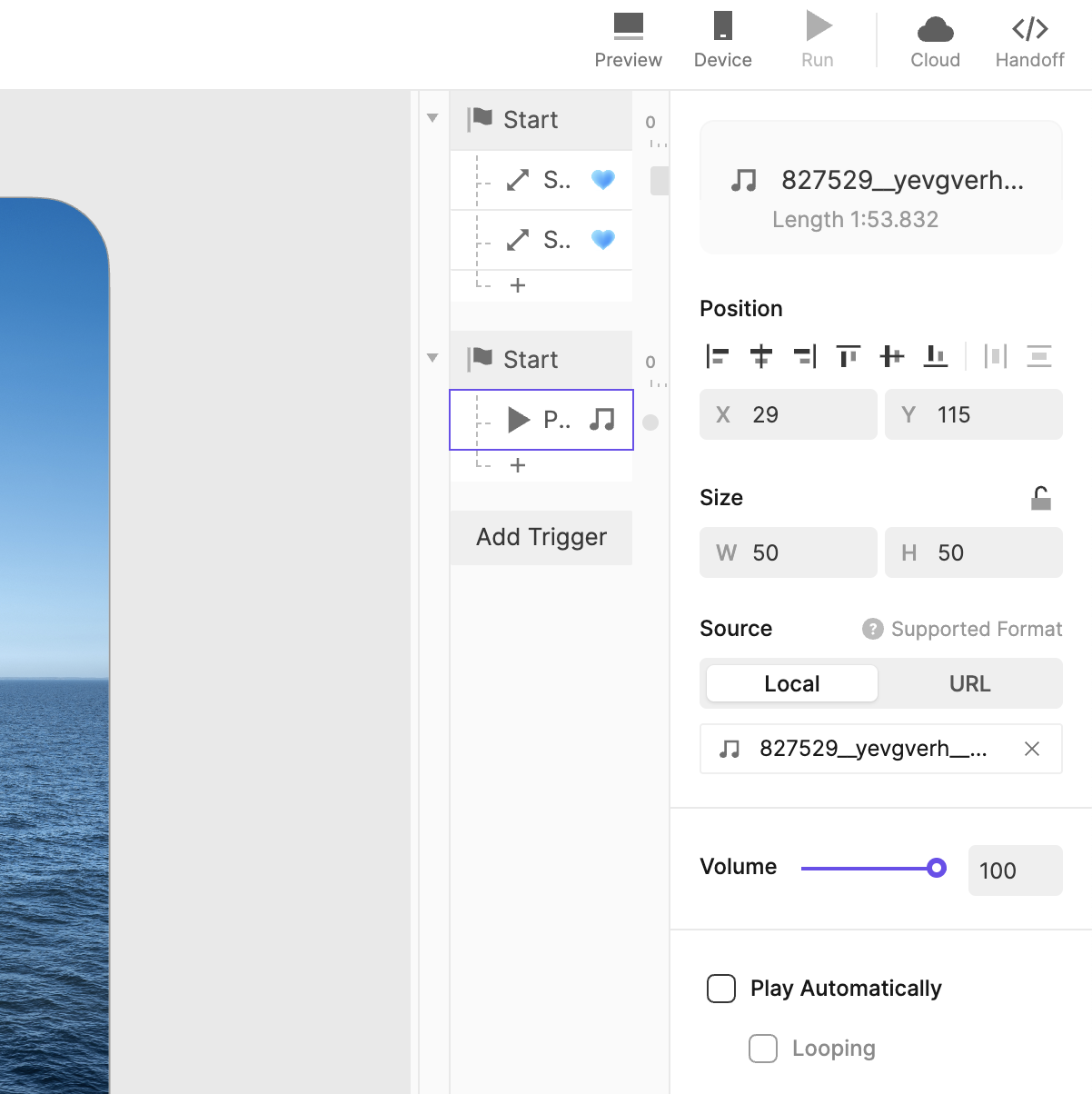 I figured out how to get Protopie to play audio. When the page is opened, it immediately starts playing.